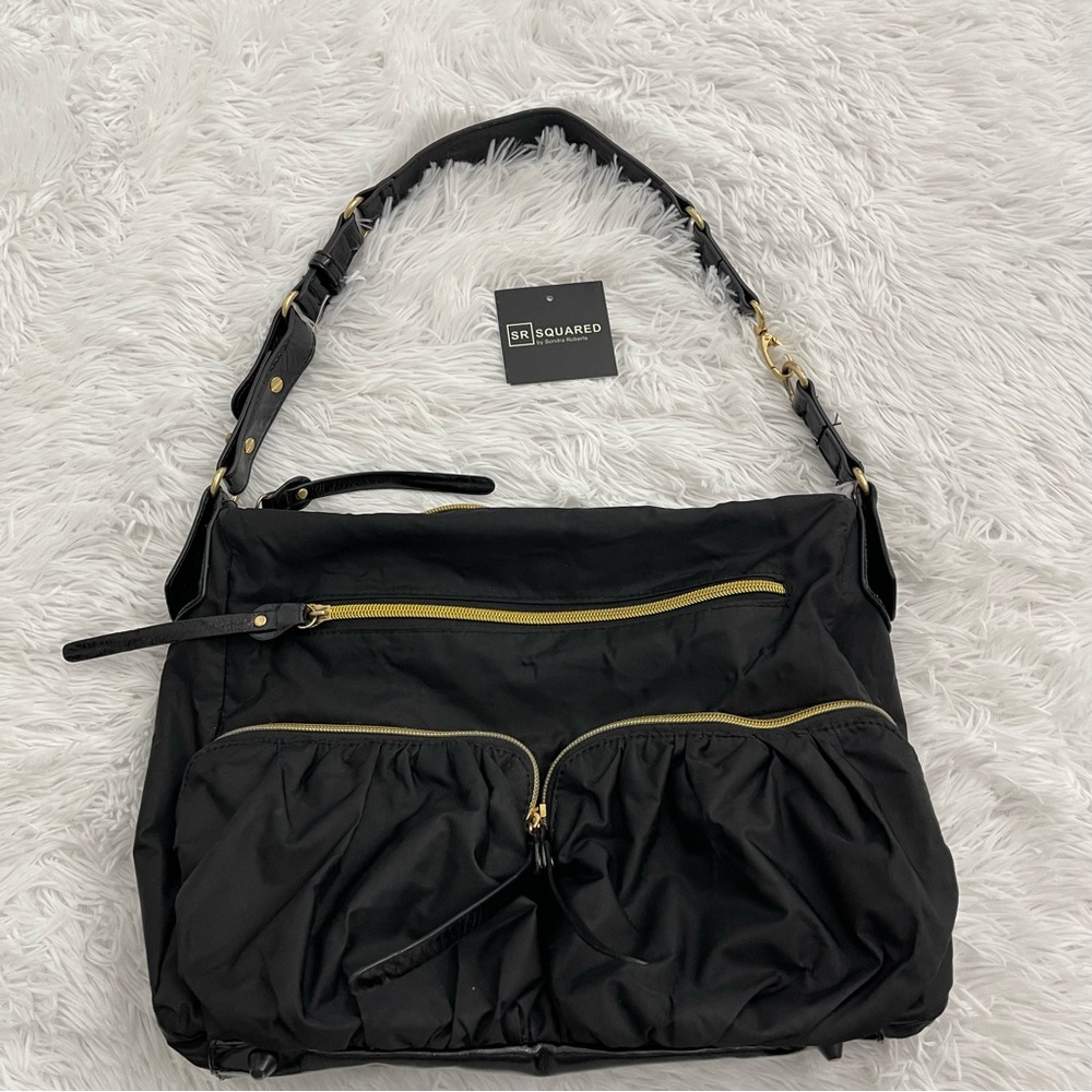 SR SQUARED BY SONDRA ROBERTS SHOULDER BAG. BLACK , GOLD ACCENTS